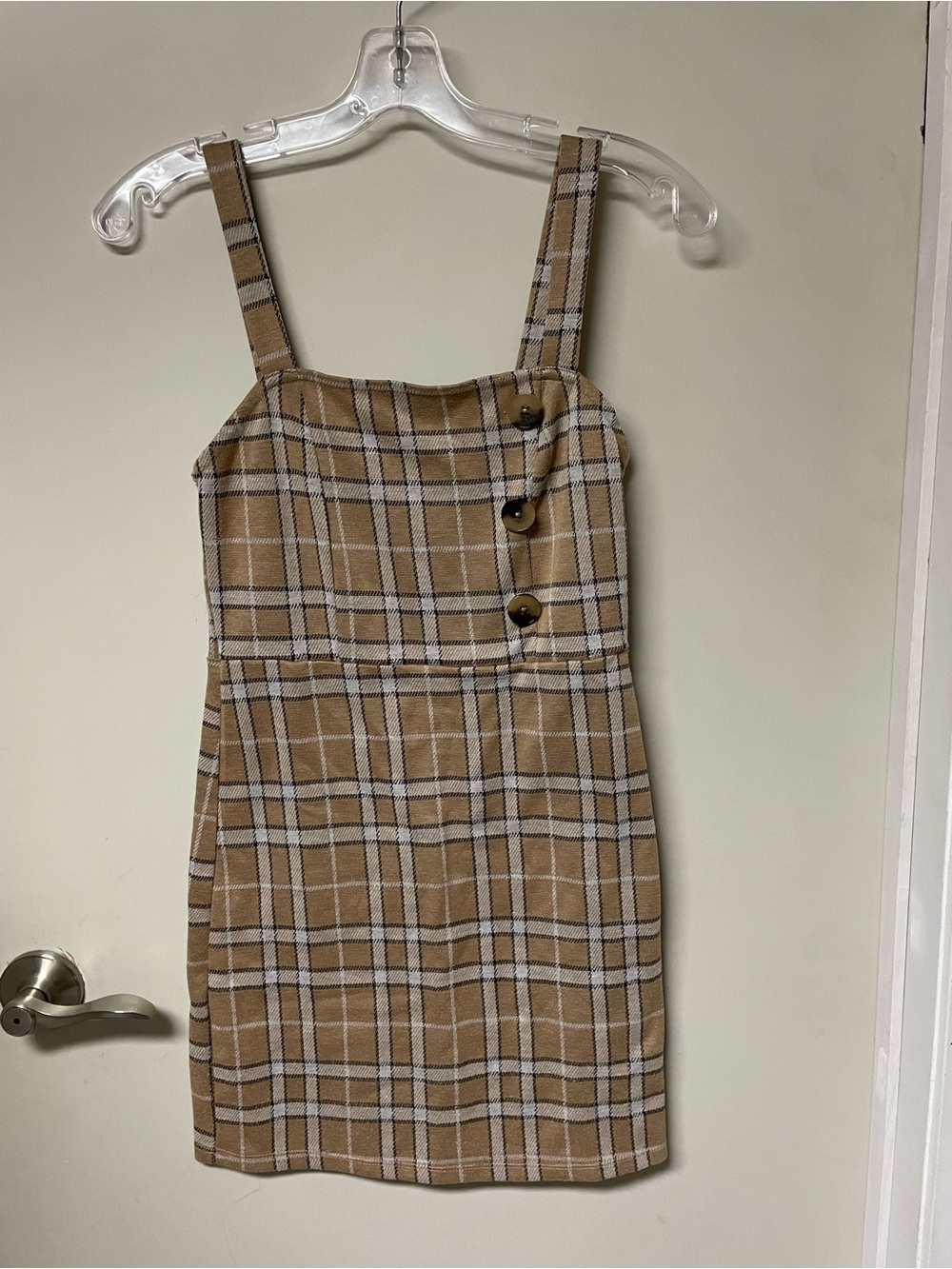 Streetwear Society Tan Plaid Button-Detail Mini Dress